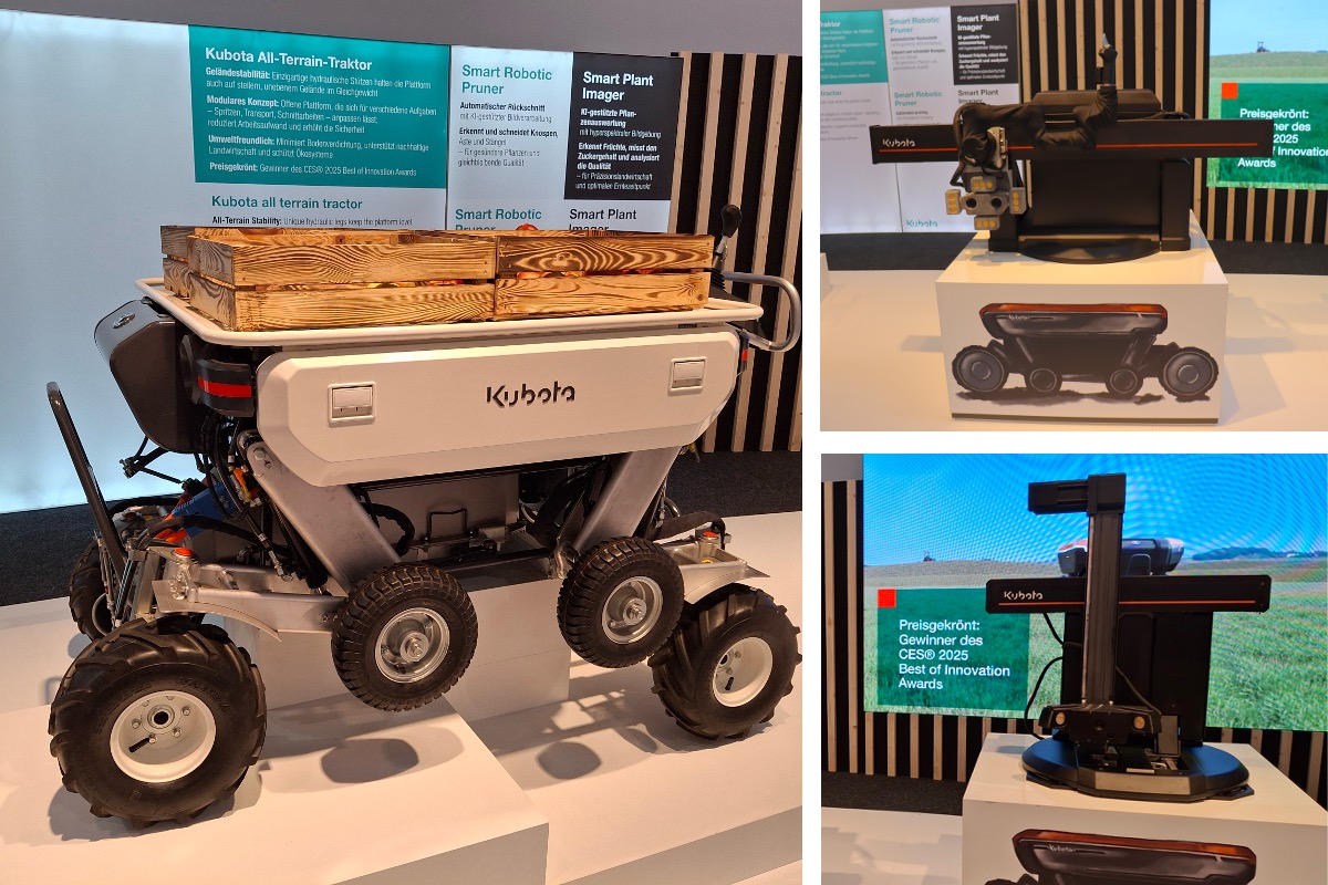 A sinistra Kubota all terrain tractor, in alto a destra Smart Robotic Pruner, in basso a destra Smart Plant Imager